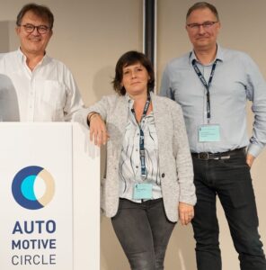 Photographed at the Automotive Circle conference in Berlin are, from the left, Dominique Busseuil, PPG Business Manager Development, Automotive Coatings, Sophie Carpentier, Stellantis sealants technical leader and Franck Lepetit, PPG product engineer, Automotive OEM Coatings