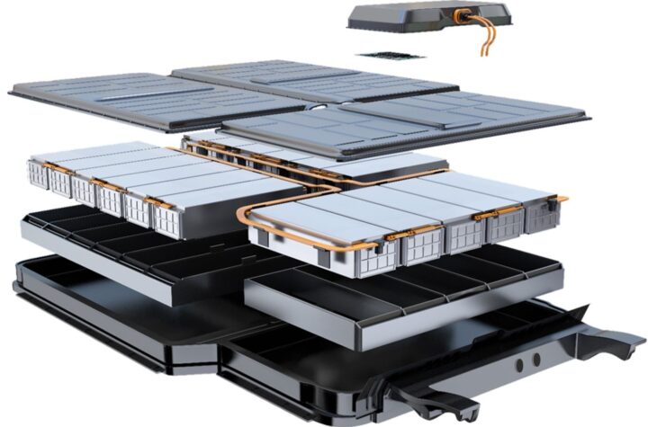 Exploded view of a full EV battery system.