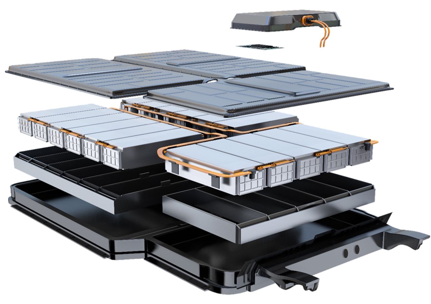 Exploded view of a full EV battery system.