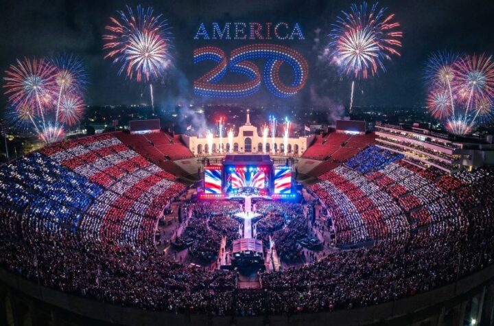Rendering of the Los Angeles Memorial Coliseum on July 4, 2026, where America250 will host a large-scale concert anchoring a nationwide Fourth of July celebration.