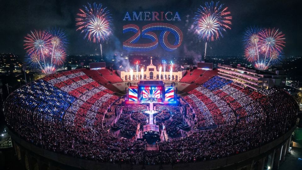 Rendering of the Los Angeles Memorial Coliseum on July 4, 2026, where America250 will host a large-scale concert anchoring a nationwide Fourth of July celebration.