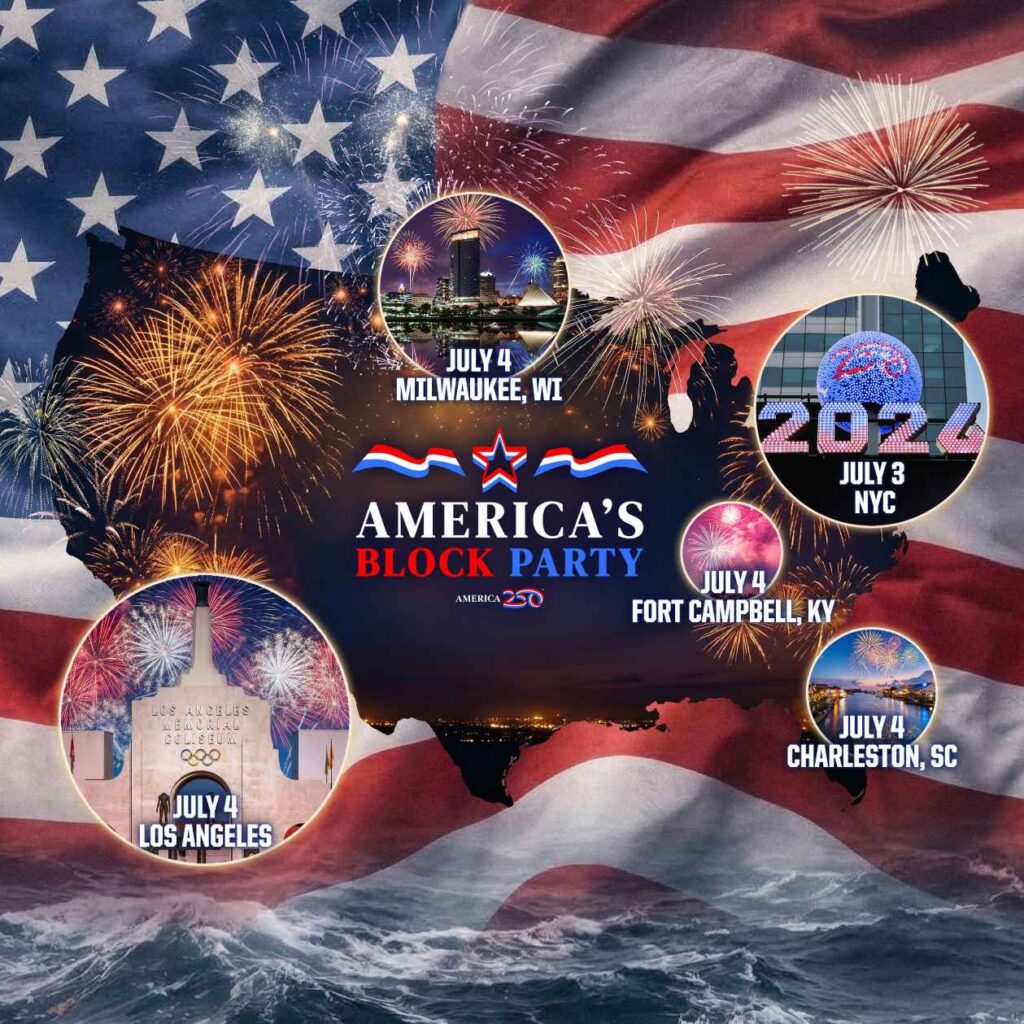 Map of the America’s Block Party locations, where anchor events across the country will connect with celebrations in neighborhoods nationwide for a shared July 3-4 experience.