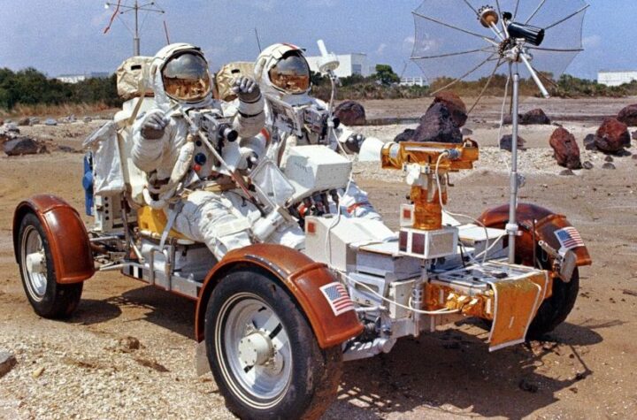 Testing of the Lunar Roving Vehicle (LRV) at the Johnson Space Center. Developed by the MSFC, the LRV was the lightweight electric car designed to increase the range of mobility and productivity of astronauts on the lunar surface. It was used on the last three Apollo missions; Apollo 15, Apollo 16, and Apollo 17.