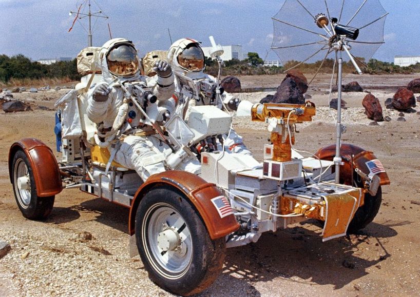 Testing of the Lunar Roving Vehicle (LRV) at the Johnson Space Center. Developed by the MSFC, the LRV was the lightweight electric car designed to increase the range of mobility and productivity of astronauts on the lunar surface. It was used on the last three Apollo missions; Apollo 15, Apollo 16, and Apollo 17.